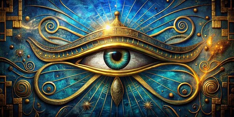 Vintage Surreal Eye of Horus Cosmic Art: Golden Hieroglyphs & Deep Blue Waves