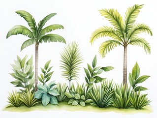 Obraz premium Lush Tropical Foliage with Various Green Plants and Palm Trees in a Bright Setting