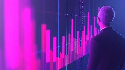 Business professional analyzing digital data trends, focused man in dark suit observing vibrant graphs in a modern setting.