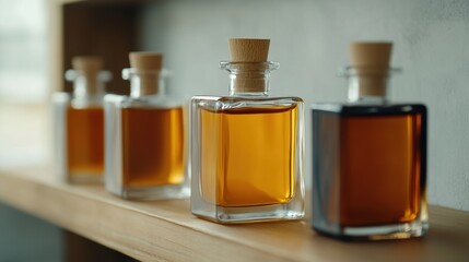 fragrance bottles, old glass bottles of scents on a wooden shelf in a warm perfume workshop with soft light