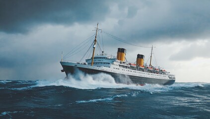 Large vintage ocean liner sailing through rough seas under a stormy sky, with towering waves crashing against the hull, showcasing maritime adventure, nautical travel, and the power of the open ocean.