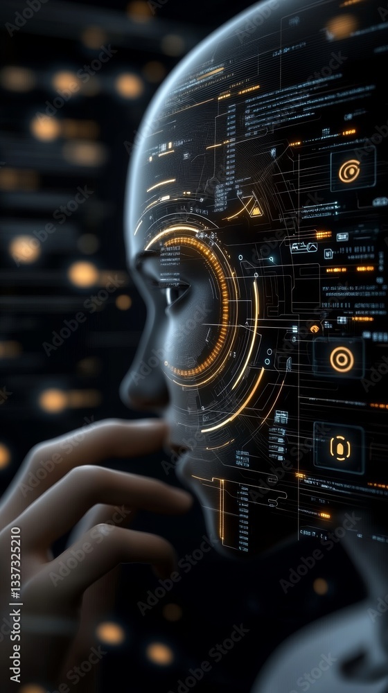 Poster exploration of cybersecurity protocols by humanoid ai figure surrounded by swirling data in a futuri