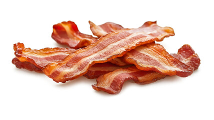 A pile of bacon strips on a white background. The bacon is crispy and golden brown. Concept of indulgence and satisfaction, as bacon is often associated with comfort food and hearty meals