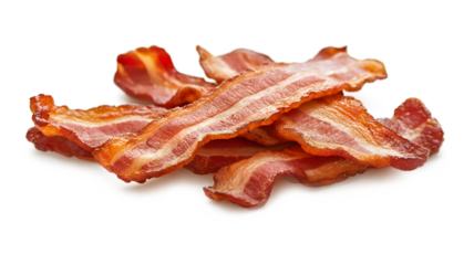 A pile of bacon strips on a white background. The bacon is crispy and golden brown. Concept of indulgence and satisfaction, as bacon is often associated with comfort food and hearty meals