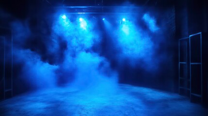 Naklejka premium A dramatic stage scene with blue lighting and fog, creating a mysterious and captivating atmosphere.