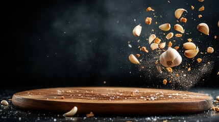 A stunning capture of garlic and cloves exploding above a wooden cutting board, evoking the flavors and textures of cooking and the joy of culinary arts.