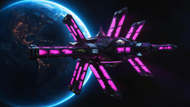 Futuristic Spacecraft in Orbit Around Earth