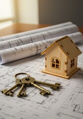Wooden house model and keys on architectural plans background, real estate and planning concept