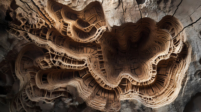 A photo image of a close-up view of a termite tunnel system in a decaying wooden beam with intricate mazes and patterns. Fungal Labyrinth. Illustration