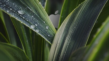 Fototapeta premium Close-up of vibrant green leaves adorned with delicate water droplets, showcasing nature's beauty and serenity. 