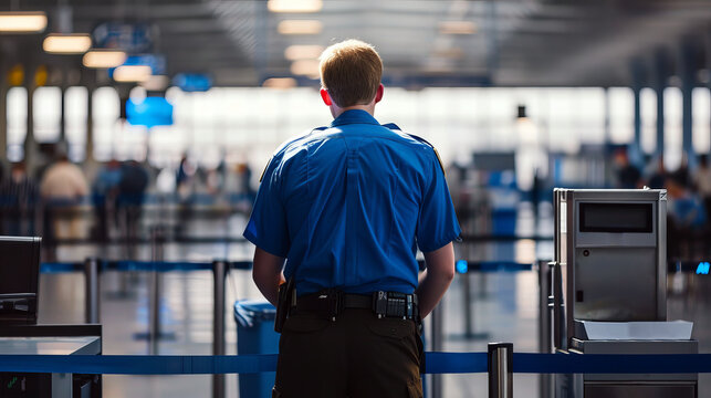 A security officer in a blue uniform stands at an airport checkpoint, monitoring the flow of passengers.