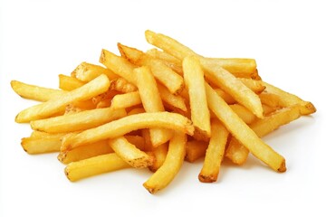 Crispy golden french fries.  A heap of golden-brown, freshly-fried potato strips.  Perfectly cooked, with a slightly seasoned exterior