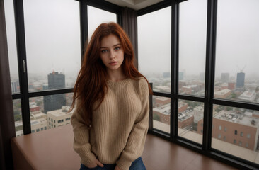 young woman looking out window