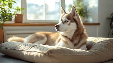 Siberian husky resting on a soft dog bed in a cozy home interior