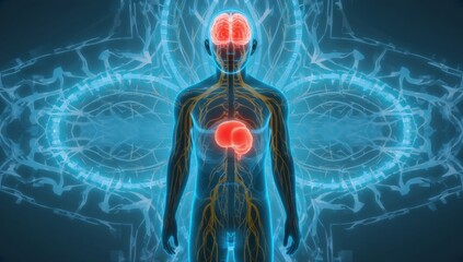 A futuristic 3D medical illustration of the human body highlights the nervous and circulatory systems, a glowing red organ at center. This digital visualization of health, anatomy, and biotechnology.