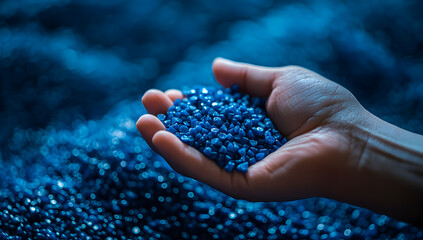 Hand Holding Blue Plastic Granules &ndash; Industrial Raw Material Close-Up