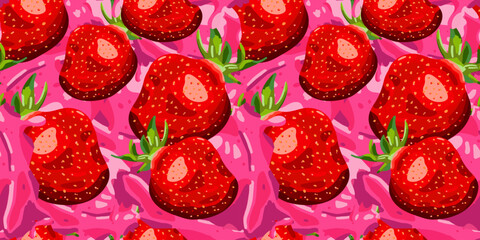 seamless strawberry pattern: sweet fruit in yogurt or ice cream background. repeat design for textile, food packaging, and summer themes. fresh berry illustration