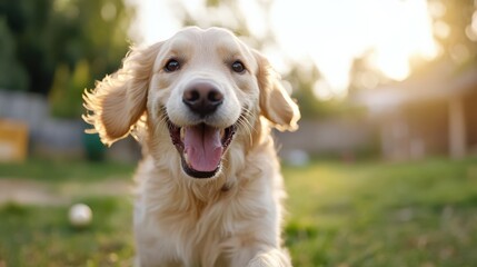 A cheerful dog races across a sunlit lawn, capturing the pure joy of playtime with a ball.