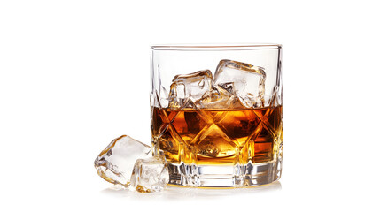 A glass of liquor with ice cubes in it. The ice cubes are scattered around the glass, and the glass is almost full. Concept of relaxation and enjoyment, as the ice cubes suggest a cool