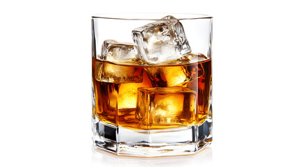 A glass of liquor with ice cubes in it. The glass is clear and the ice cubes are white. The liquor is a dark brown color