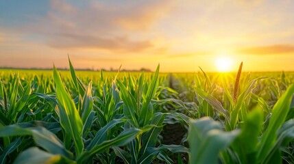 Vibrant sunrise over lush green fields, expansive farmland bathed in golden light, tranquility and nature's beauty highlighted.