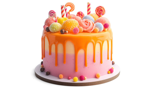 A cake with a pink frosting and a rainbow of candies on top. The cake is decorated with a variety of colorful candies, including jelly beans, gummy bears, and other sweets