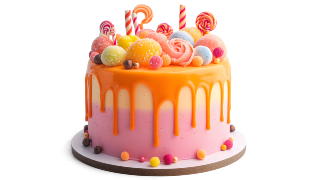 A cake with a pink frosting and a rainbow of candies on top. The cake is decorated with a variety of colorful candies, including jelly beans, gummy bears, and other sweets