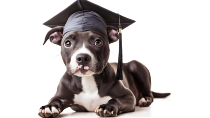 A dog wearing a black cap and gown is lying on a white background. The dog appears to be a student, and the image conveys a sense of education and learning