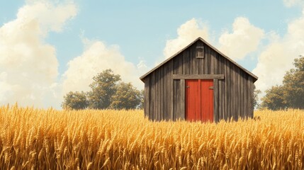 Obraz premium A weathered barn stands amid golden fields of harvested wheat