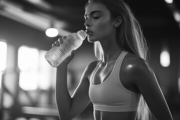 Fit woman hydrates after intense gym workout, muscles glistening under bright lights