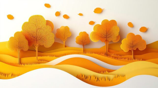 3d autumn fall landscape in paper cut craft style illustration isolated on white background. Beautiful Paper Art Yellow trees