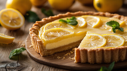 Homemade lemon tart with a golden crust, decorated with lemon slices and mint leaves on a wooden board