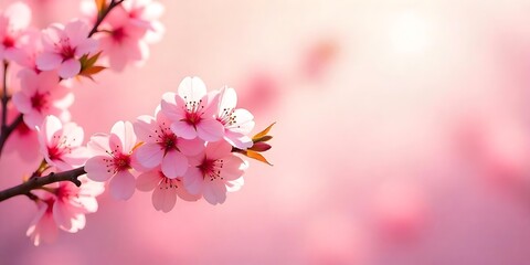 Fototapeta premium A horizontal banner featuring delicate pink sakura flowers on a sunlit backdrop. The blooming branches create a serene and beautiful spring scene, capturing the essence of Japan's sakura season.