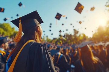 Diverse silhouettes of graduates holding diplomas tossing caps embody unity and joy in a lively scene leaving ample room for creative design adaptations