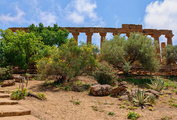 Side view of the Greek Temple of Juno ruins in Agrigento, Sicily, Italy