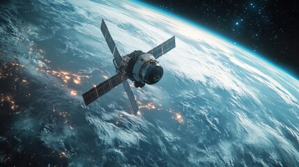Naklejka premium A satellite orbiting the Earth against the backdrop of the galaxy