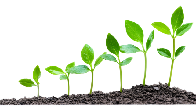 A row of small green plants growing in the dirt. The plants are at different stages of growth, with some being taller than others. Concept of growth and development, as the plants continue to mature