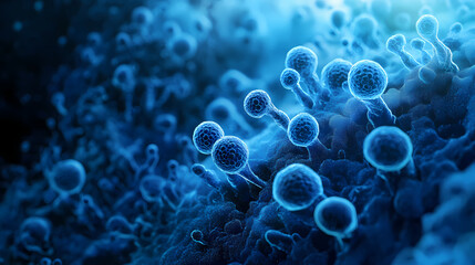 Microscopic view of fungi spores in a mysterious blue-hued environment. Networked Spores. Illustration