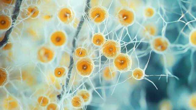 Photographing fungal spores under a microscope. Networked Spores. Illustration