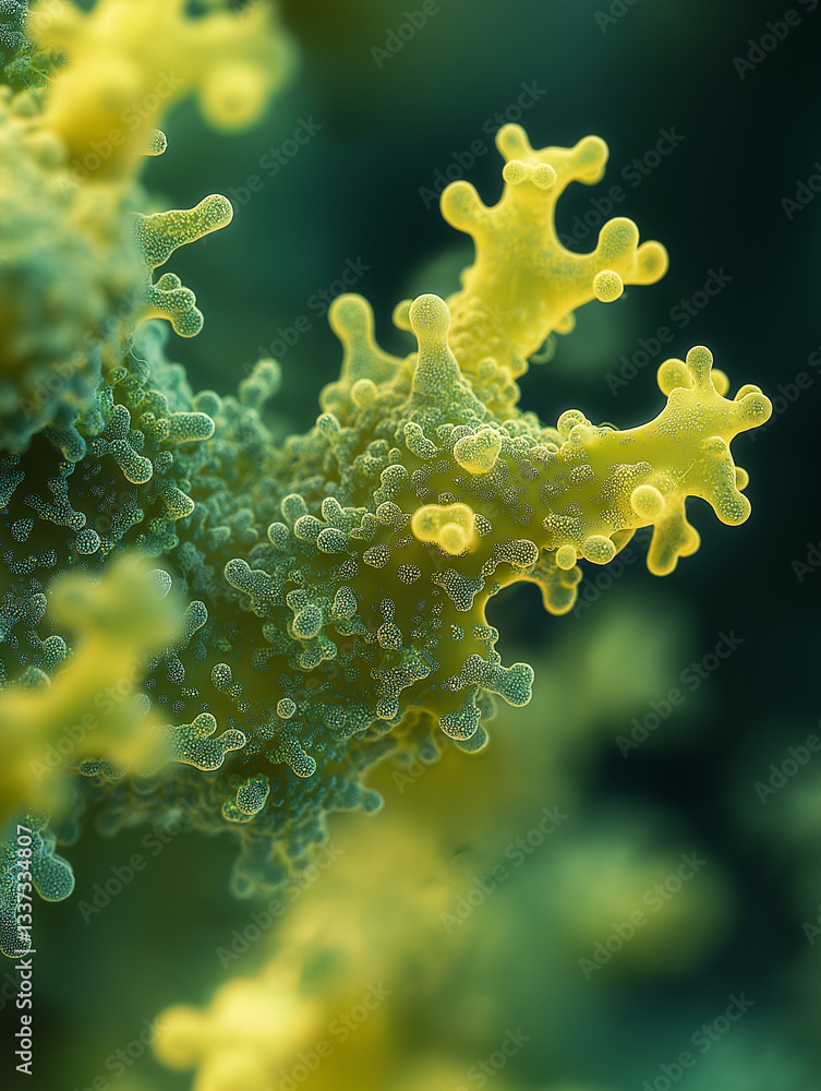 Fototapete microscopic view of a complex, organic structure with intricate details and a vibrant color palette.
