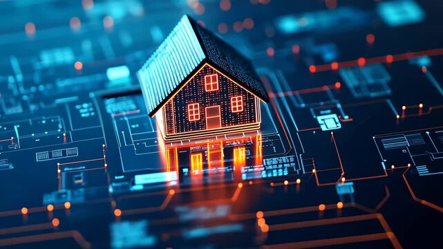 Digital representation of a house on a high-tech background illustrating smart home technology integration