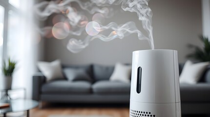 a white air purifier in a living room, space for copy
