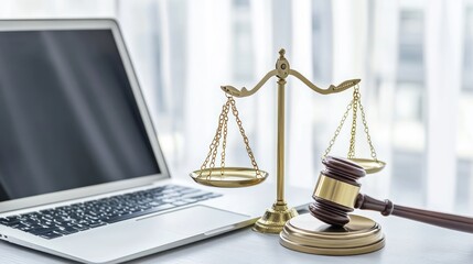 Justice scales, gavel, laptop; legal concept; modern office