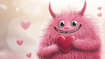A fluffy pink monster with adorable horns and a big smile, holding a red heart. Perfect for Valentine's Day, children's products, or adding a touch of whimsy and love to any design.