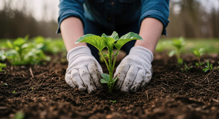 Fototapeta premium Volunteers plant seedlings in a zero waste garden