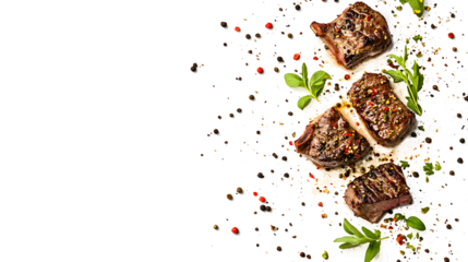 A close up of four pieces of meat with pepper and herbs on top. The meat is cooked and looks delicious
