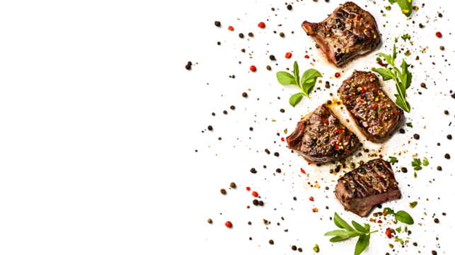 A close up of four pieces of meat with pepper and herbs on top. The meat is cooked and looks delicious