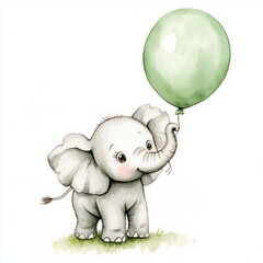 watercolor elephant holding balloon
