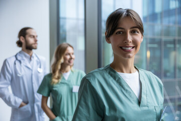 Fototapeta premium Woman physician standing near window in clinic with medical colleagues on background