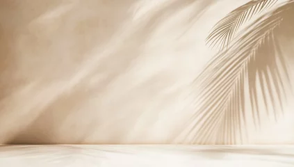 Fototapete Badezimmer Blurred shadow from palm leaves on the light beige wall. Minimal abstract background for product presentation. Spring and summer.    © Arthur Woods